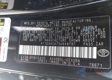 2025 Toyota Camry Se z USA, uszkodzony, nr VIN 4T1DAACK7SU648797